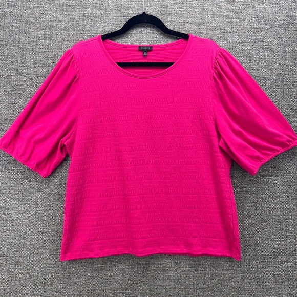 Talbots Womens Blouse XL Vibrant Pink Textured Stretchy Puff Sleeve Casual - Picture 1 of 12